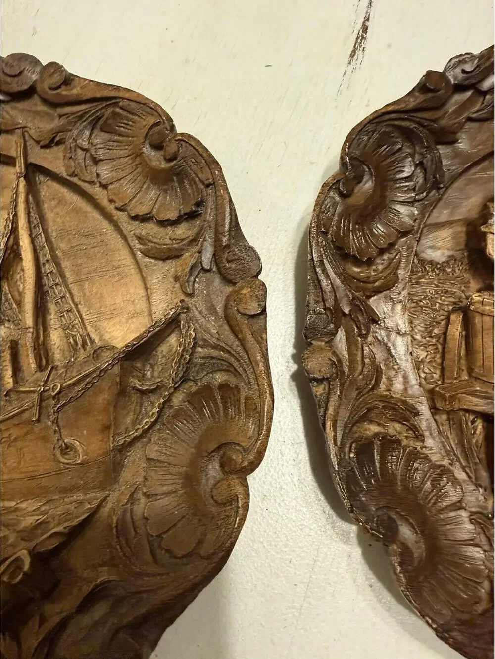 2 Vintage faux carved wood wall plaque/plates; colonial, country, farmhouse